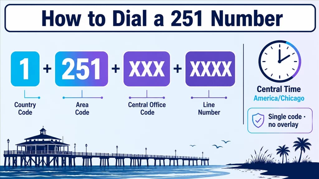 Dialing-format breakdown of 1, 251 and a masked number beside a Central Time clock