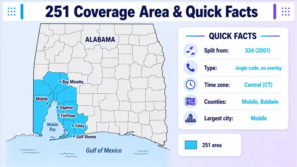 Map of Alabama shading the Mobile 251 Gulf-coast region beside a quick-facts panel