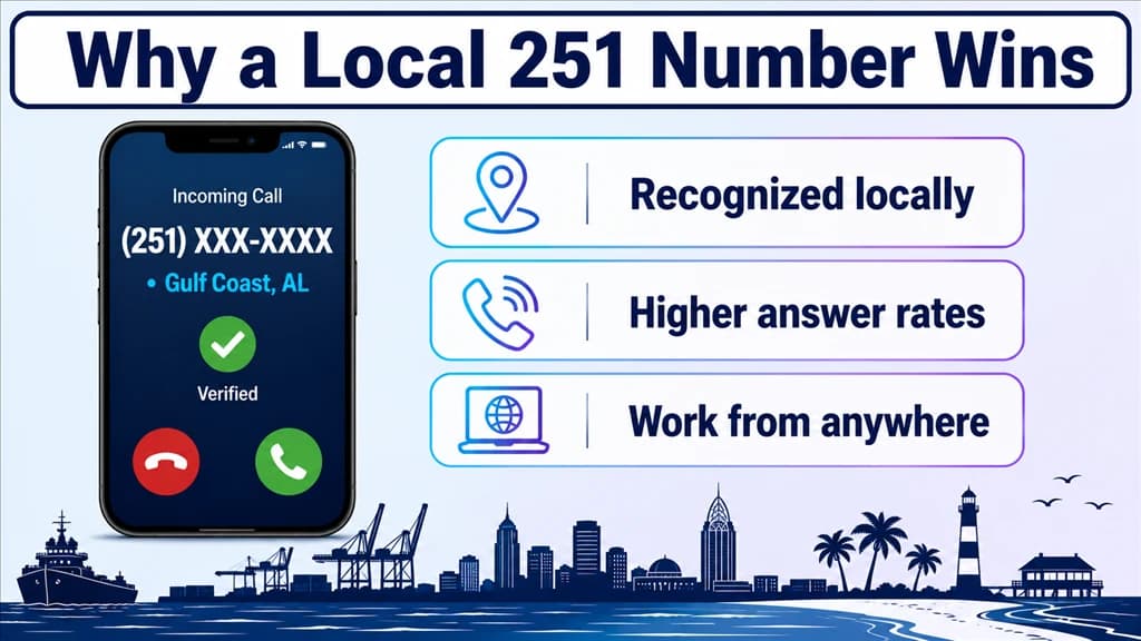 Smartphone showing a verified local 251 call beside local-trust benefit labels