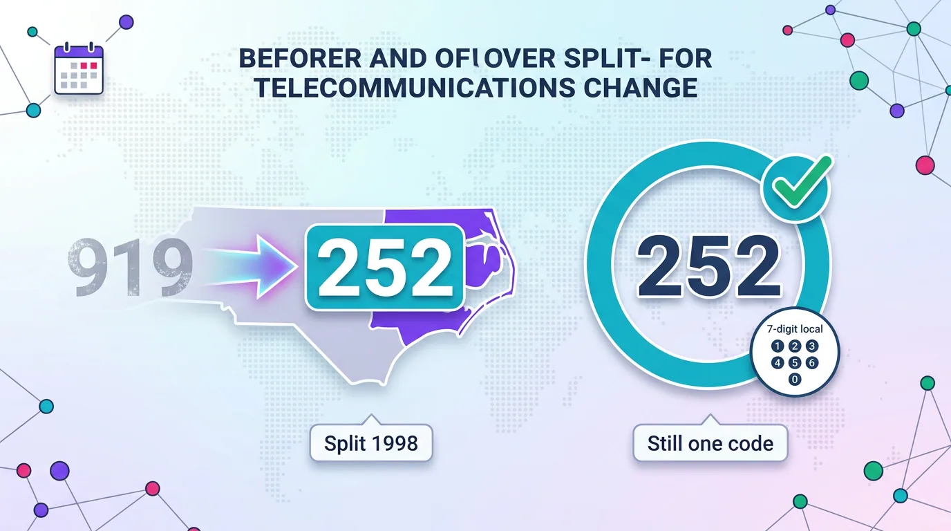 Before-and-after of the 1998 telecommunications split that created the 252 area code from 919, now still a single code