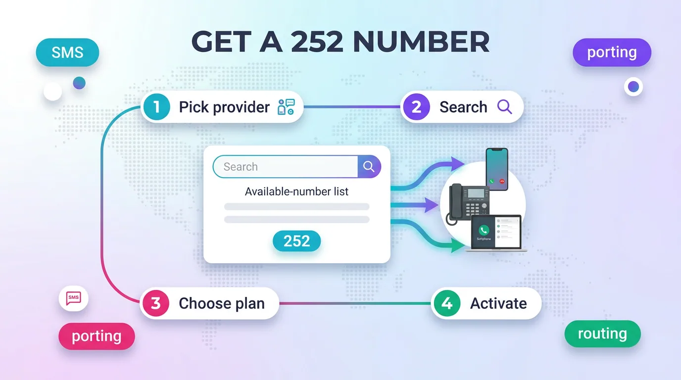 Four steps to get a 252 number: pick a provider, search the inventory, choose a plan, and activate