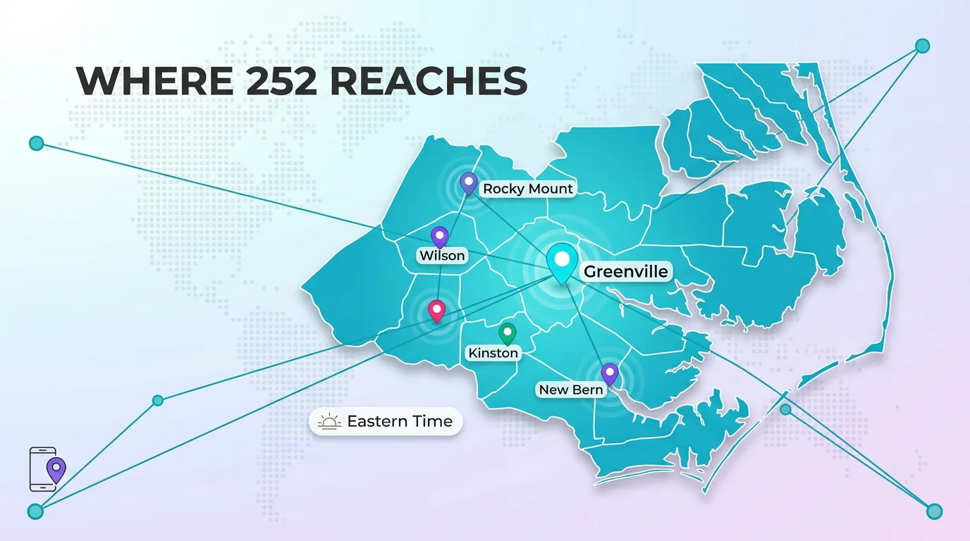 Map showing where the 252 area code reaches across eastern North Carolina, including Greenville, Rocky Mount, Wilson, Kinston, and New Bern