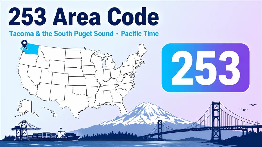 Infographic with a US map highlighting Washington, a pin on Tacoma, Mount Rainier, and a 253 area-code badge
