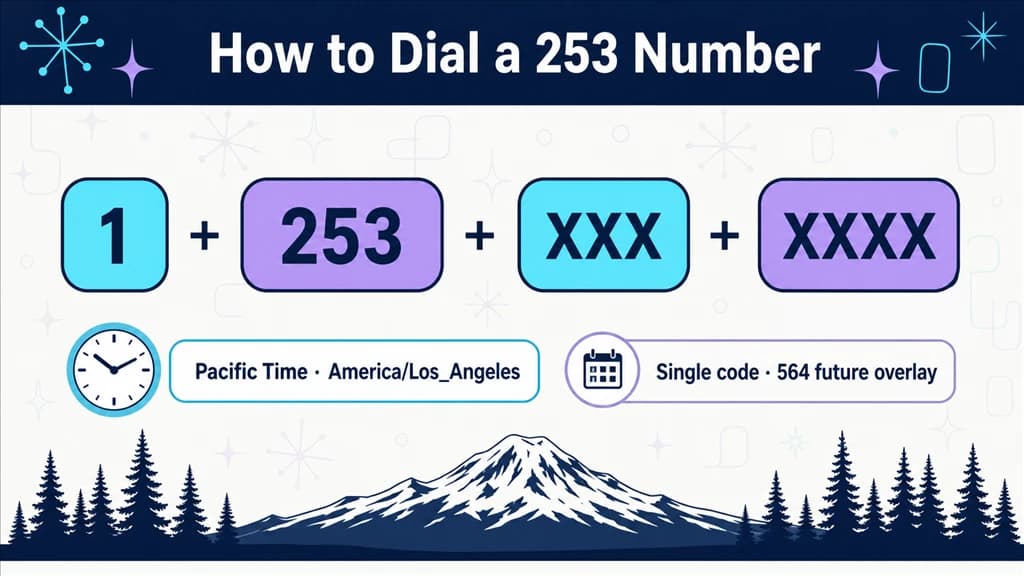 Dialing-format breakdown of 1, 253 and a masked number beside a Pacific Time clock