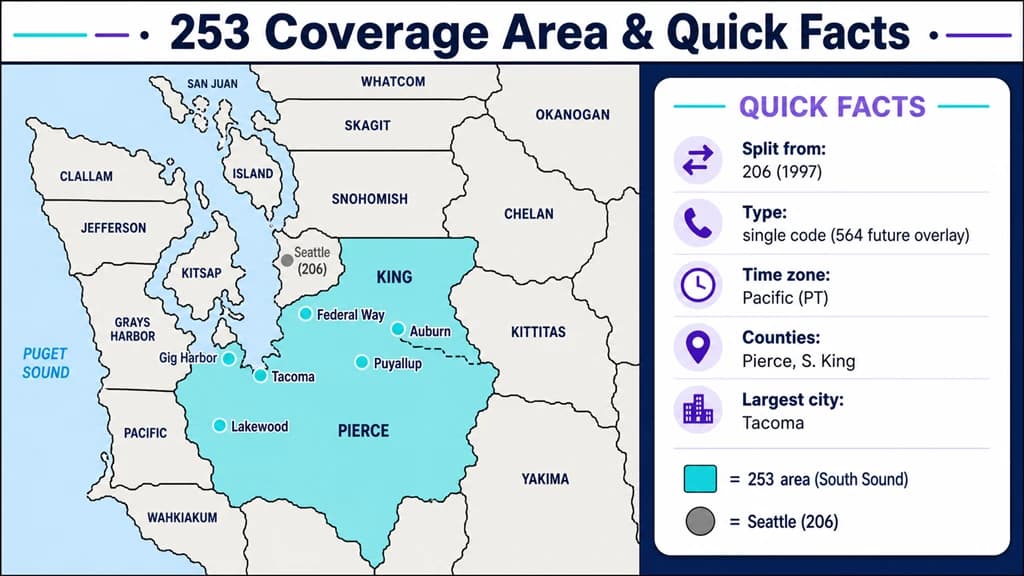 Map of the Puget Sound shading the 253 South Sound region beside a quick-facts panel