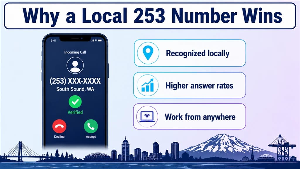 Smartphone showing a verified local 253 call beside local-trust benefit labels