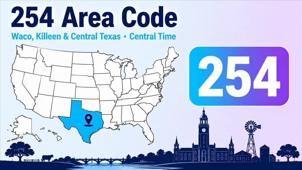 Infographic with a US map highlighting Texas, a pin on central Texas, a clock tower and windmill, and a 254 badge