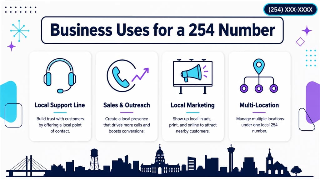 Four cards showing 254 uses: support line, sales, marketing and multi-location
