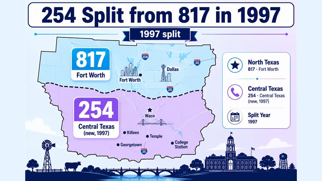 Diagram of Texas splitting into 817 Fort Worth and the new central 254 in 1997