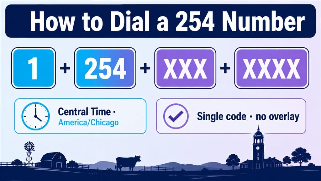 Dialing-format breakdown of 1, 254 and a masked number beside a Central Time clock