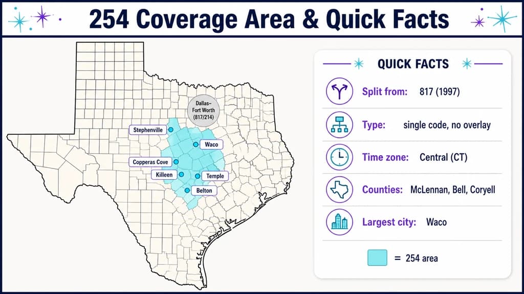 Map of Texas shading the central 254 region beside a quick-facts panel
