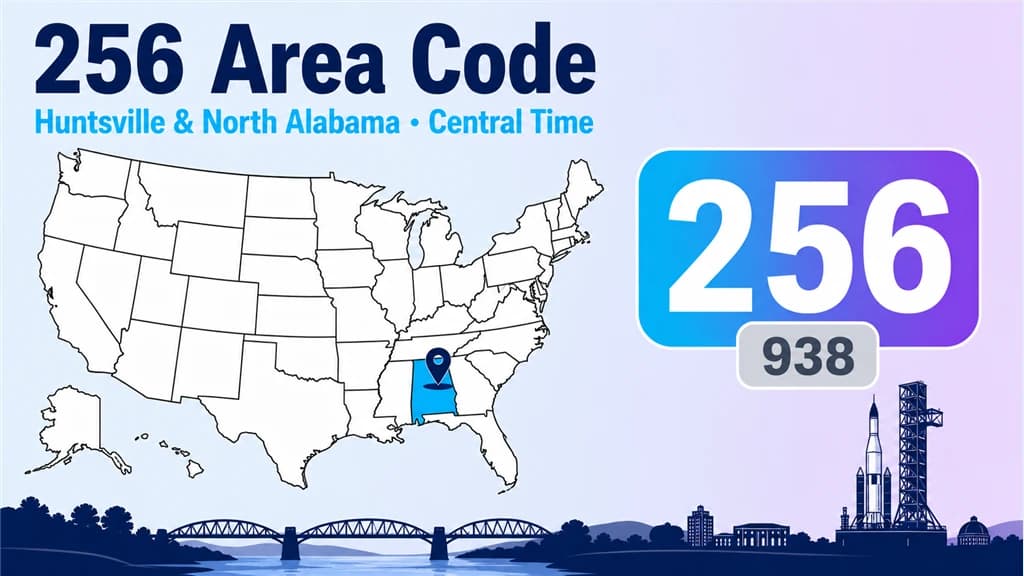 Infographic with a US map highlighting Alabama, a pin on Huntsville, a rocket, and 256 and 938 area-code badges