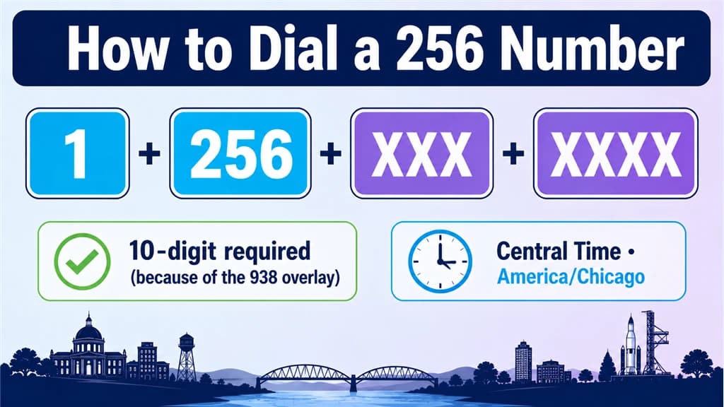 Dialing-format breakdown of 1, 256 and a masked number with a 10-digit note and clock