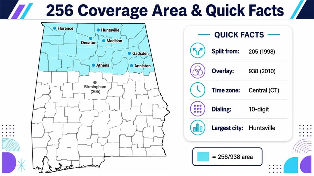 Map of Alabama shading the north 256 and 938 region beside a quick-facts panel
