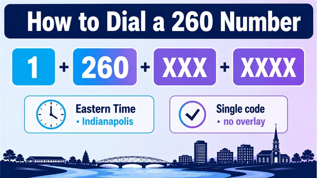 Dialing-format breakdown of 1, 260 and a masked number beside an Eastern Time clock