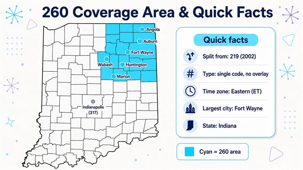 Map of Indiana shading the northeast 260 region beside a quick-facts panel