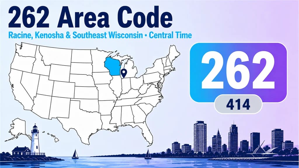 Infographic with a US map highlighting Wisconsin, a pin on the southeast, a Lake Michigan lighthouse, and a 262 badge