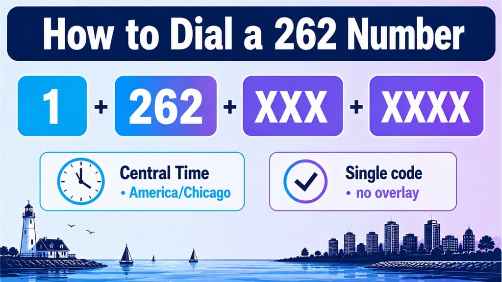 Dialing-format breakdown of 1, 262 and a masked number beside a Central Time clock