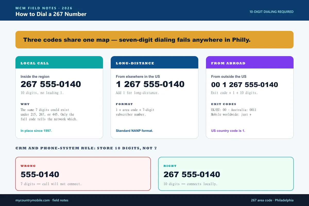 How to dial a 267 number — 10-digit dialing required for local calls, 1 plus 10 digits for long-distance, exit code plus 1 plus 10 digits from abroad