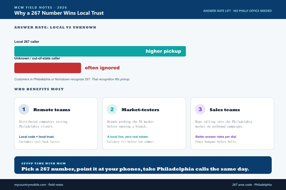 Why a local 267 number helps a business — better answer rates, lower customer hesitation, and works for remote teams without a Philadelphia office