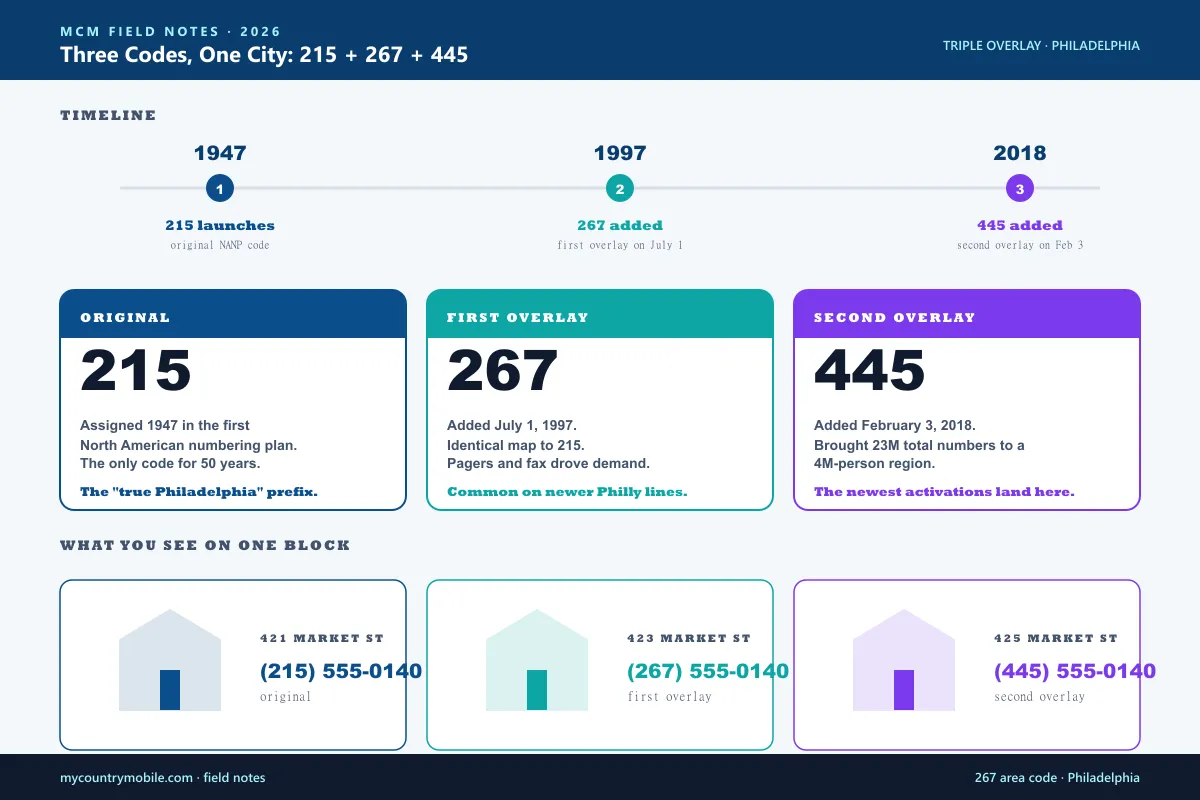 215, 267, and 445 triple overlay timeline — three Philadelphia codes share the same map, with 215 from 1947, 267 added in 1997, and 445 added in 2018