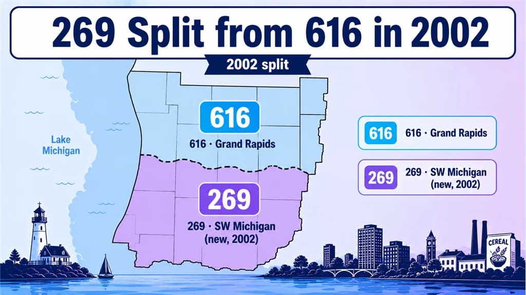 Diagram of Michigan 616 splitting into Grand Rapids 616 and the new 269 in 2002