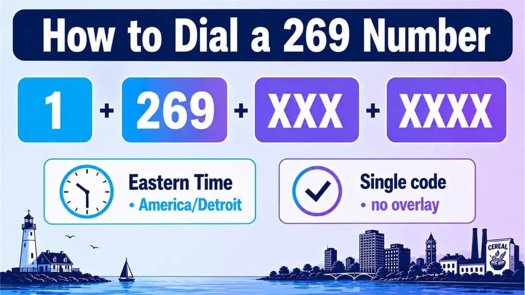Dialing-format breakdown of 1, 269 and a masked number beside an Eastern Time clock