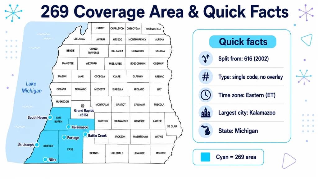 Map of Michigan shading the southwest 269 region beside a quick-facts panel