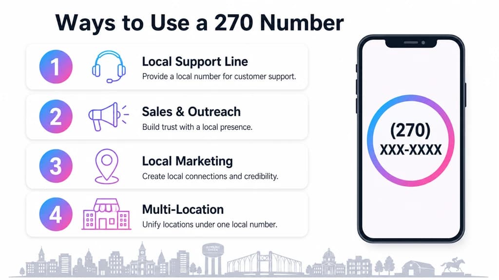 Numbered list of four 270 uses beside a phone showing a masked local number