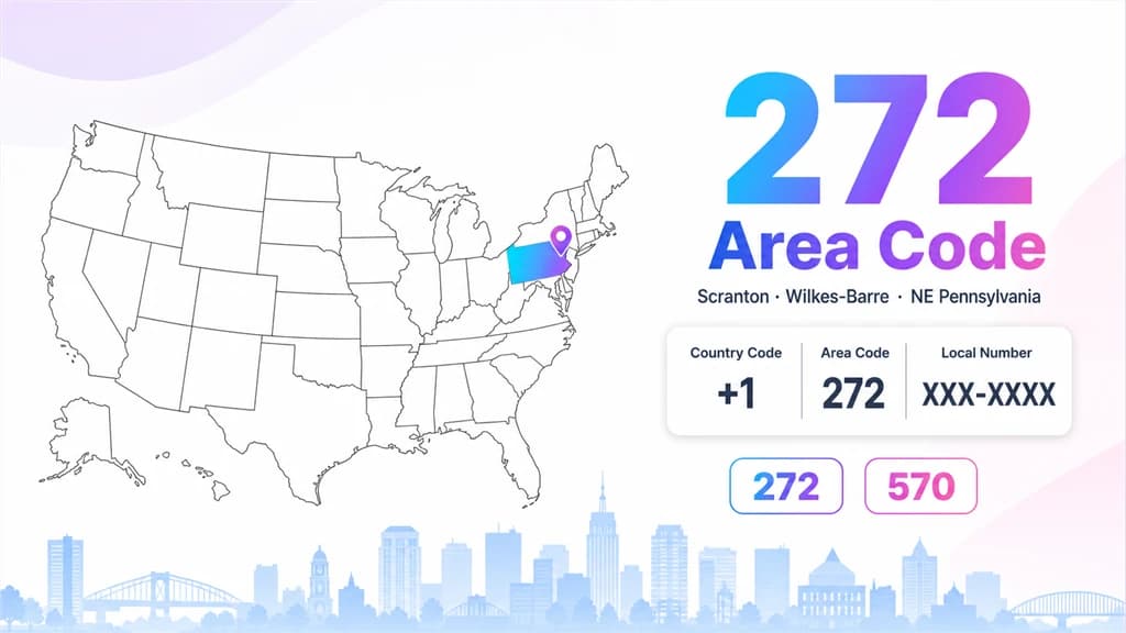 Infographic with a US map highlighting Pennsylvania, a pin on the northeast corner, a dialing-format box, and 272 and 570 badges