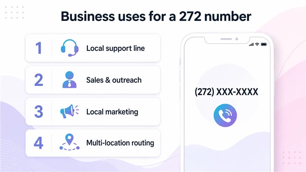 Numbered list of four 272 uses beside a phone showing a masked local number