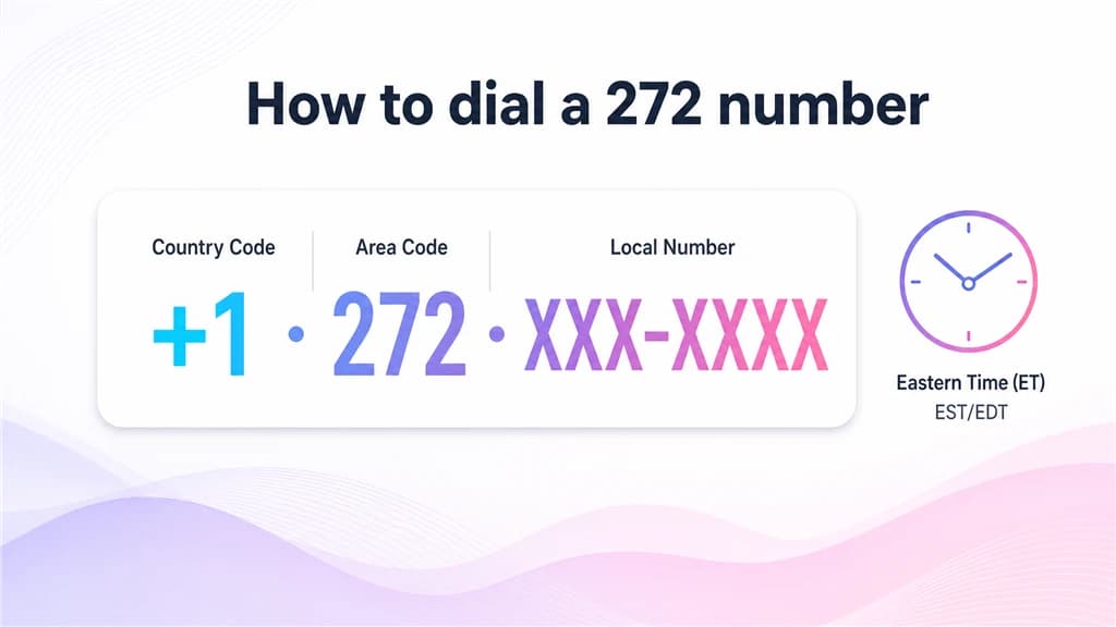 Enlarged dialing-format card for 1, 272 and a masked number beside an Eastern Time clock