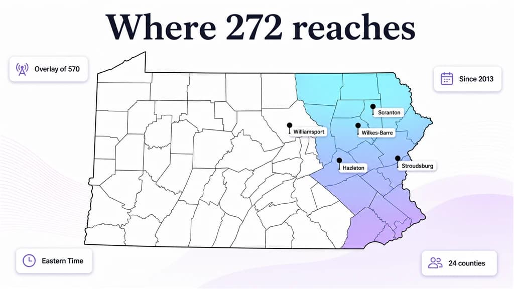 Map of Pennsylvania shading the northeastern 272 and 570 region with floating fact tags