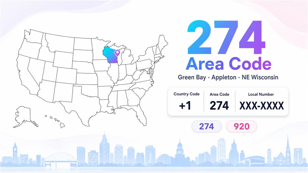 Infographic with a US map highlighting Wisconsin, a pin on the northeast, a dialing-format box, and 274 and 920 badges