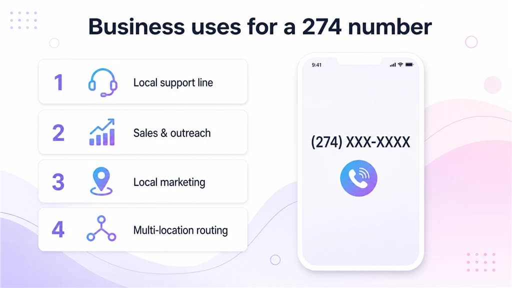 Numbered list of four 274 uses beside a phone showing a masked local number