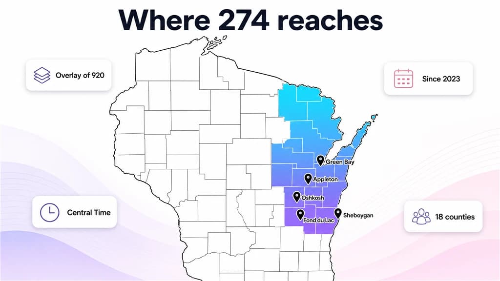 Map of Wisconsin shading the northeastern 274 and 920 region with floating fact tags