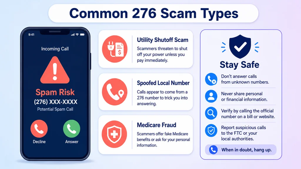 Flagged 276 spam-risk call beside common scam-type warning cards