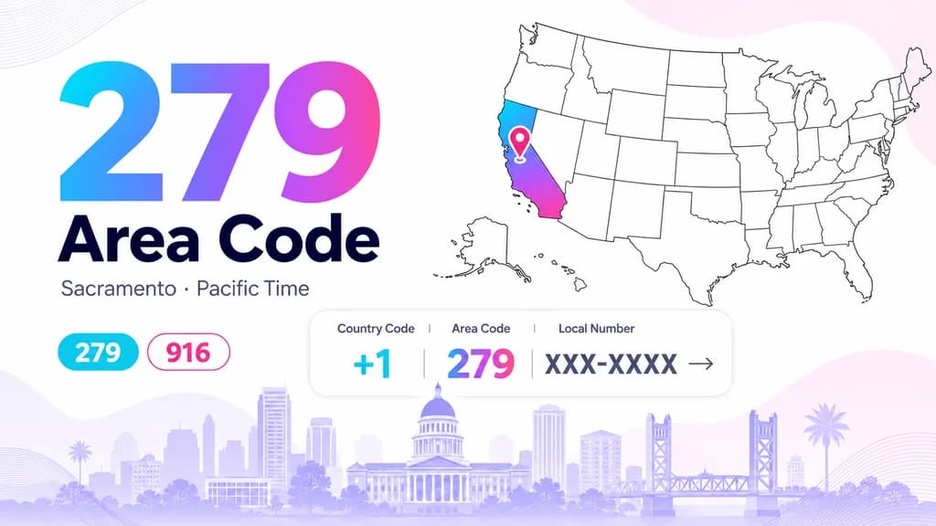 Map of the Sacramento region with a location pin and a gradient 279 area code badge