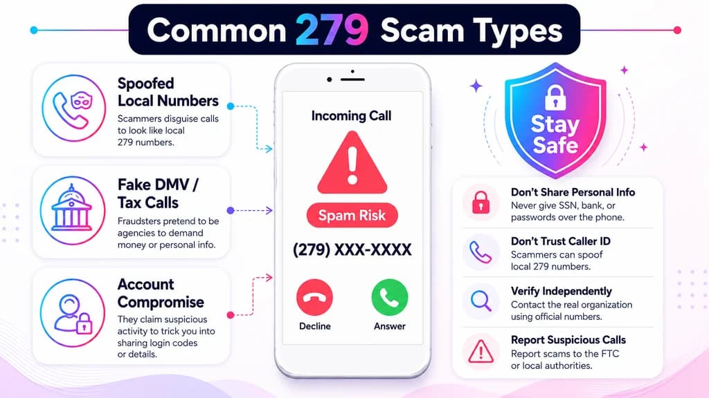 Flagged 279 spam-risk call beside common scam-type warning cards