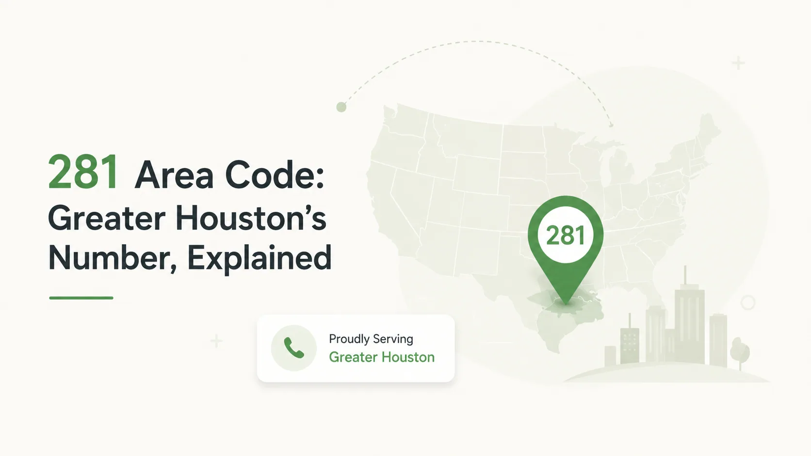 281 area code infographic showing Houston and its suburbs across Harris, Fort Bend, and Montgomery counties on a map of southeast Texas