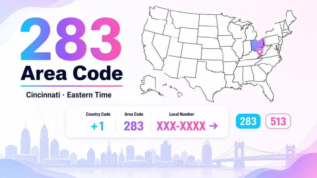 283 area code infographic with an Ohio map highlighting the Cincinnati region, a location pin, and a gradient 283 dialing badge