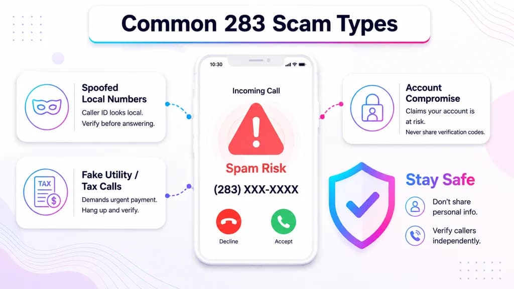 Flagged 283 spam-risk call beside common scam-type warning cards