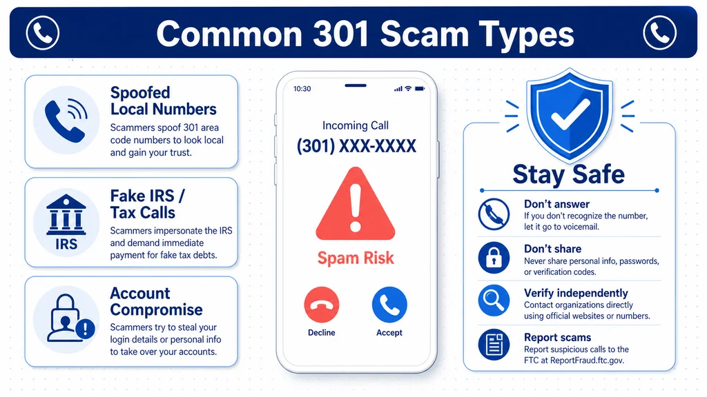 Flagged 301 spam-risk call beside common scam-type warning cards