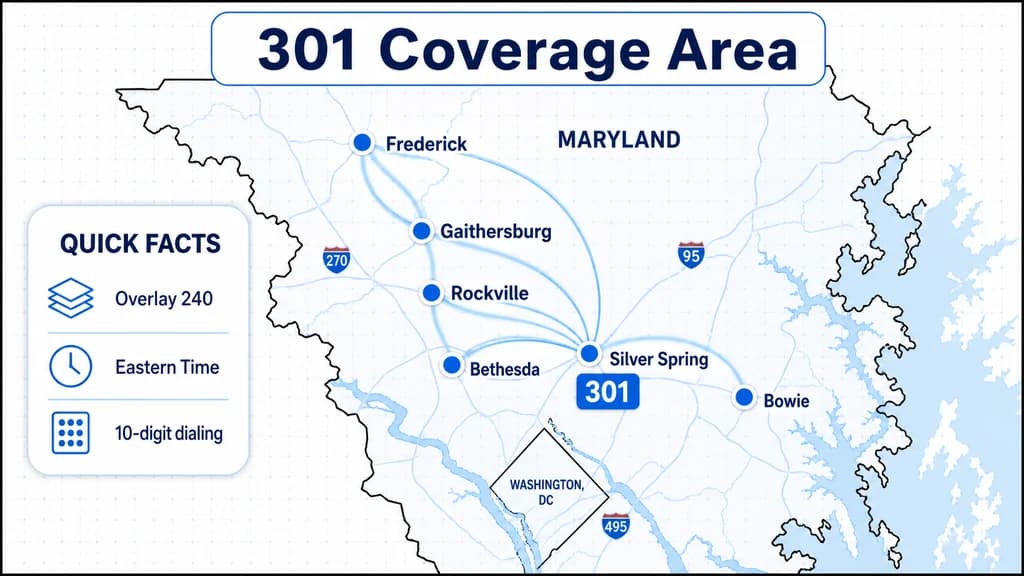 Coverage map of Maryland's DC suburbs marking major 301 cities