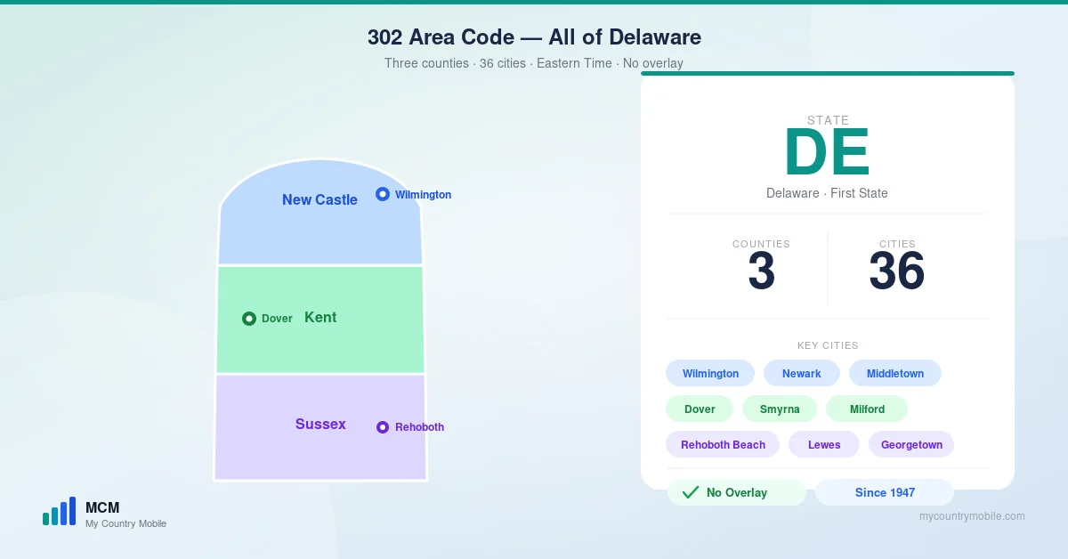 Map of 302 area code coverage spanning all of Delaware — New Castle County in the north anchored by Wilmington, Kent County in the middle with state capital Dover, and Sussex County in the south with the beach towns including Rehoboth Beach and Lewes