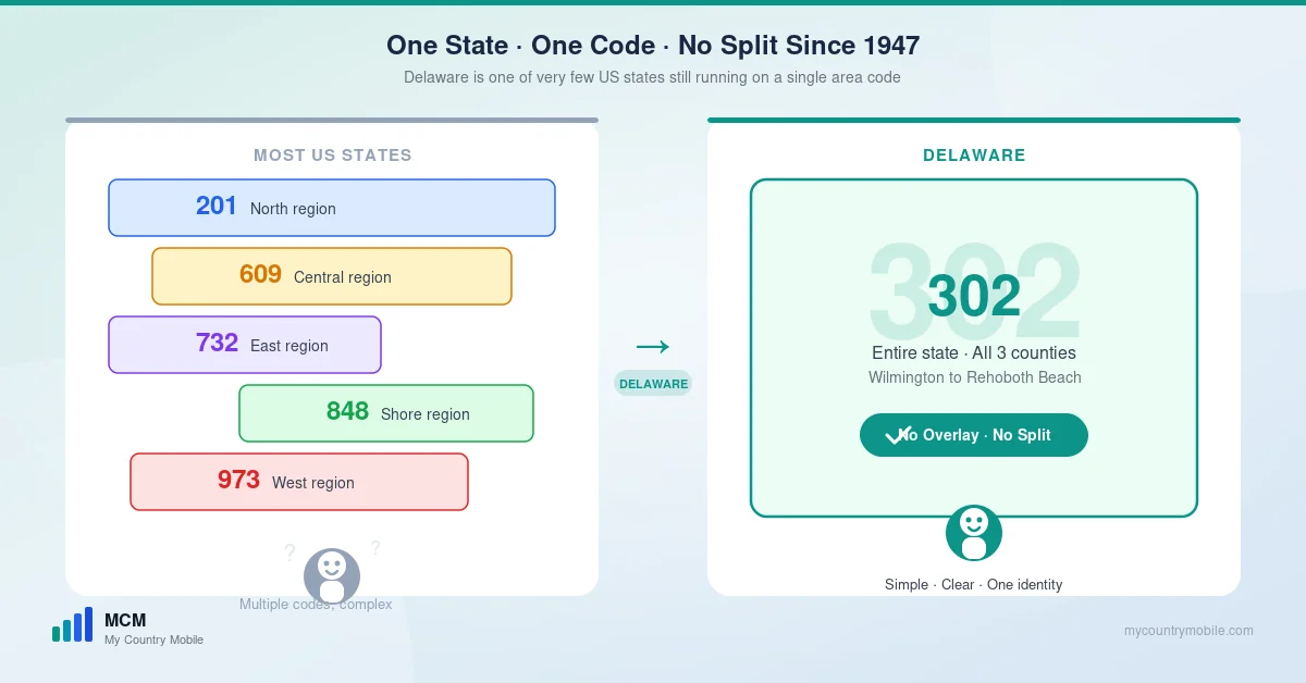Delaware is one of only a few US states still running on a single area code — most large states juggle multiple overlapping codes, while 302 has covered all of Delaware since 1947 with no overlay