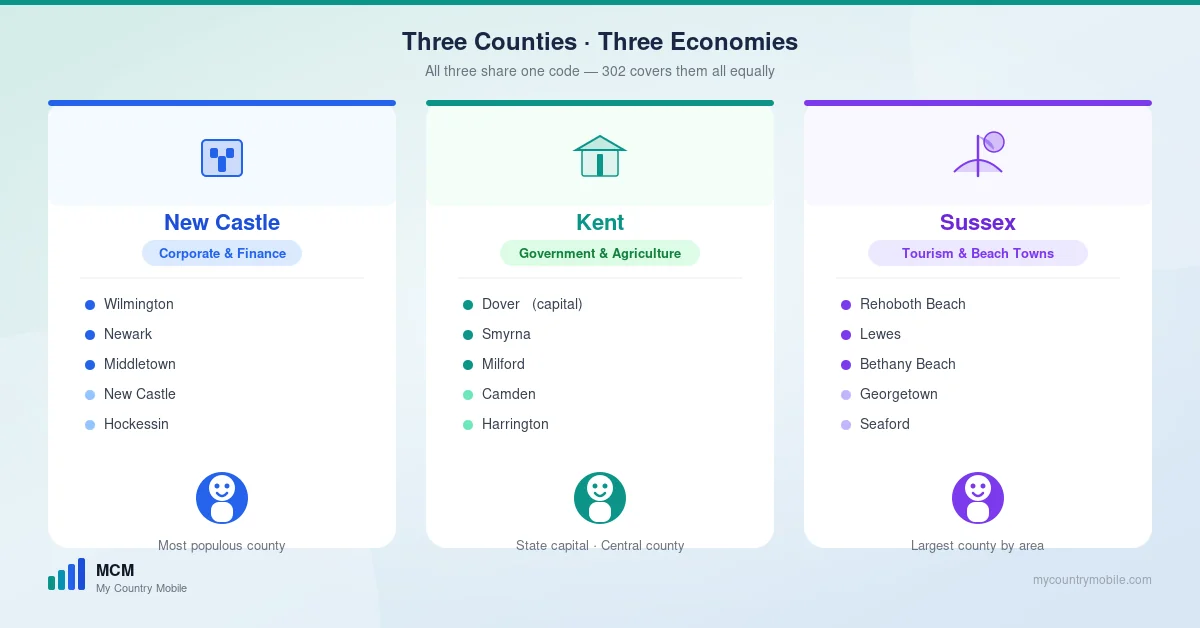 Delaware's three counties on the 302 area code — New Castle as the corporate and financial center, Kent as the government and agriculture center with Dover the state capital, and Sussex as the tourism and beach region