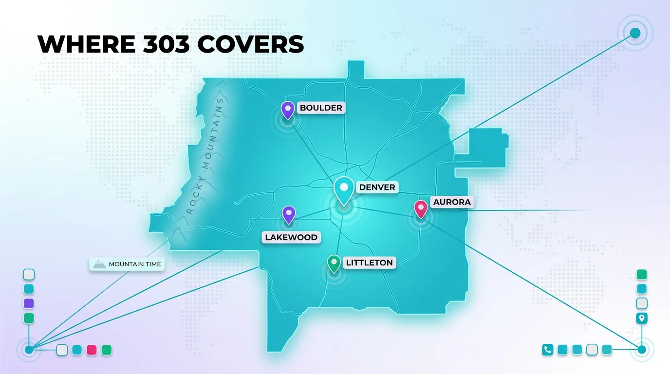 Map of the 303 area code coverage across the Denver metro, marking Boulder, Denver, Lakewood, Littleton, and Aurora