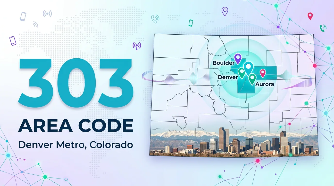 303 area code infographic for the Denver metro in Colorado, showing Boulder, Denver, and Aurora on a state map