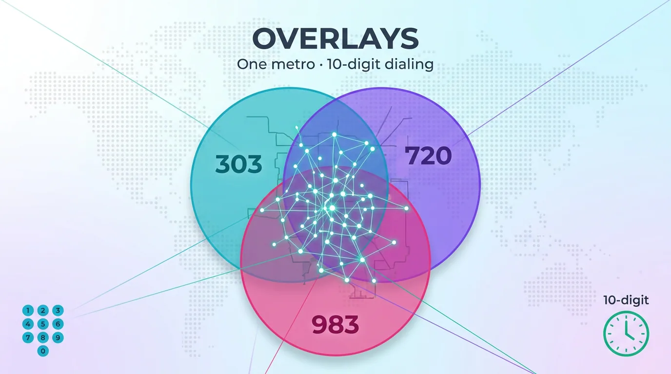 Venn diagram of the 303, 720, and 983 overlays sharing one Denver metro, requiring 10-digit dialing